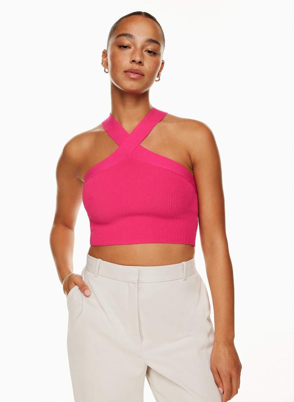 Aritzia Babaton Sculpt Knit Criss Cross Cropped Tank in Eros Pink - Size: Small